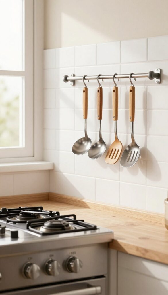 A hanging rail near the stove with wooden utensils on S-hooks, organized neatly on a tiled backsplash.