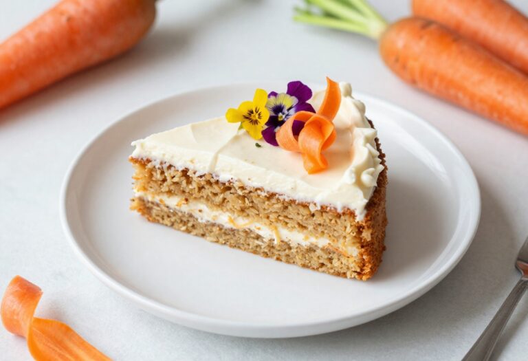 Gluten free carrot cake slice with cream cheese frosting and edible flowers on a white plate