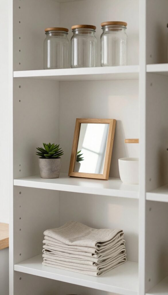 Small mirror leaning on a pantry shelf, reflecting light and creating depth among jars and a plant.