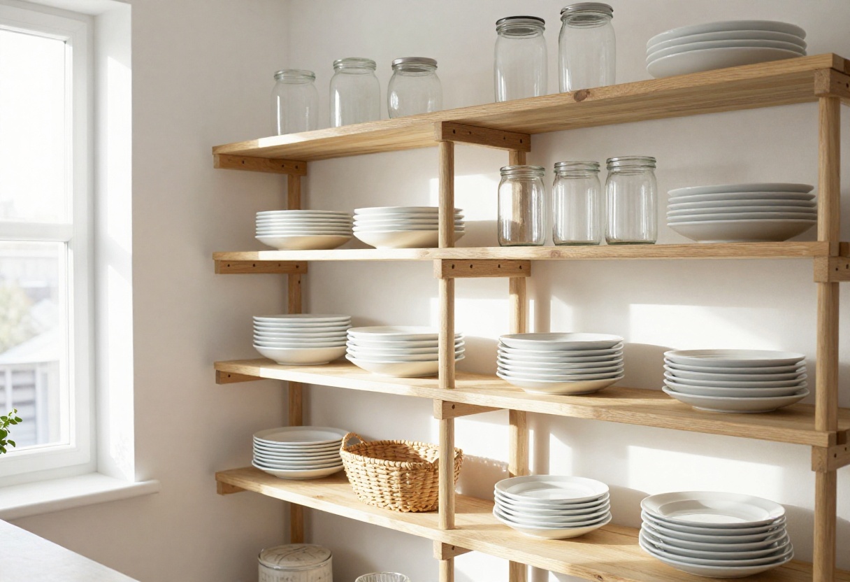 Open kitchen shelves organized with white dishes, glass jars, and a small plant in natural light