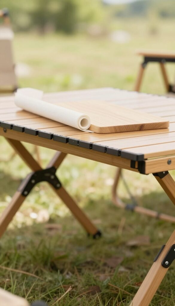 Camp table with bungee cords holding paper towels and cutting board underneath, freeing up surface space.