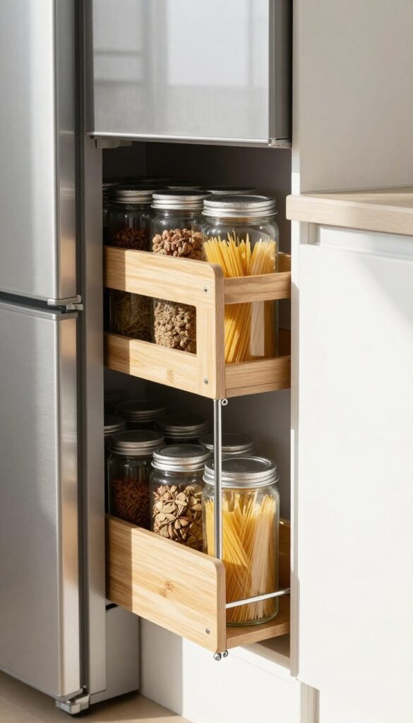 Pull-out pantry cart in narrow gap between fridge and wall, neatly organized with jars and cans.