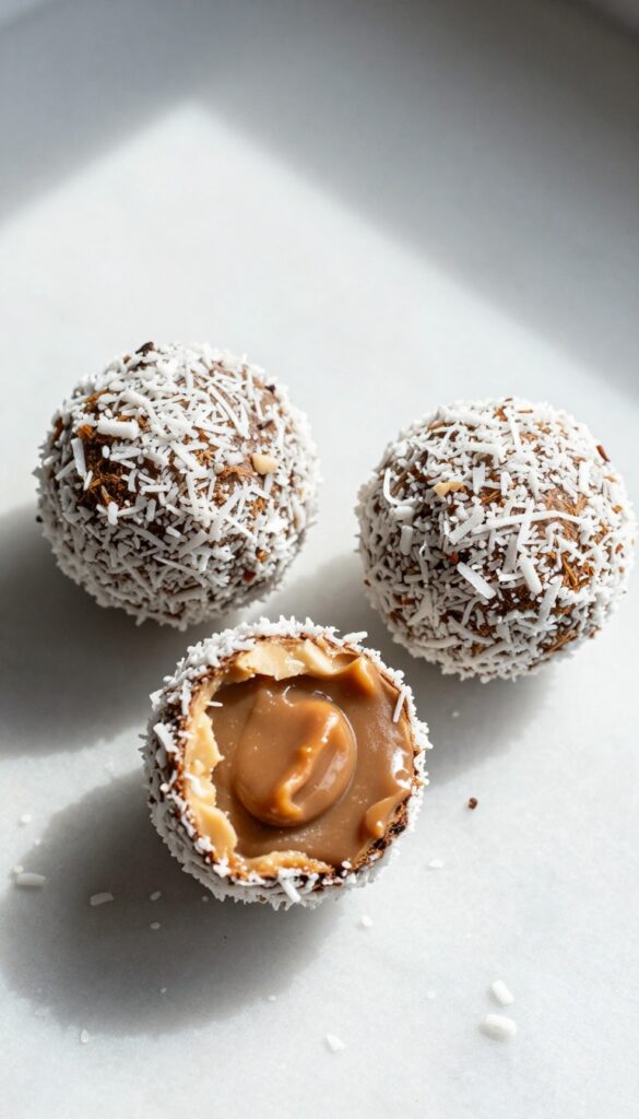 Coconut peanut butter truffles on marble surface