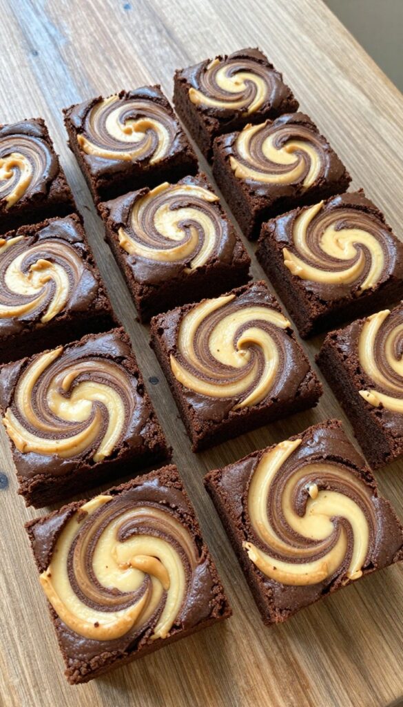 Peanut butter cheesecake swirl brownies in a baking pan on a wooden table