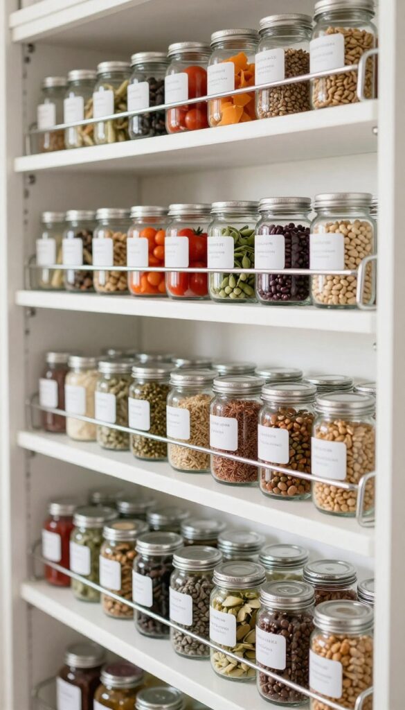 Organized pantry with tiered wire shelves displaying canned goods and spices in bright natural light.