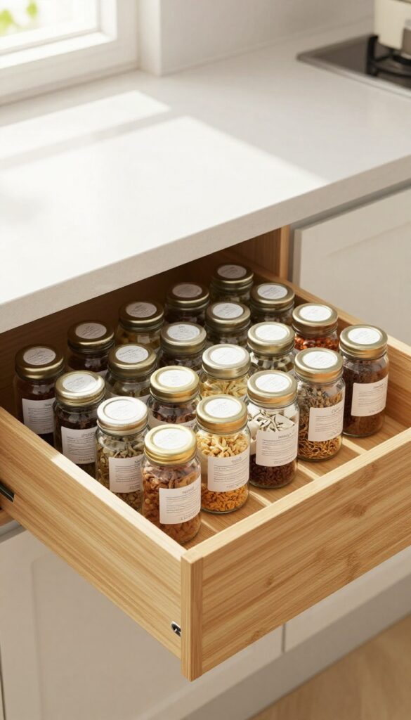 Open kitchen drawer with tiered spice rack, glass jars with labels, organized spices, natural light