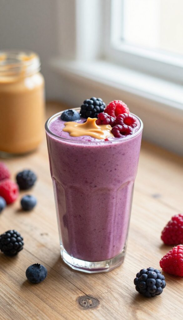 Peanut butter berry smoothie in a glass with fresh berries and peanut butter drizzle on a wooden table