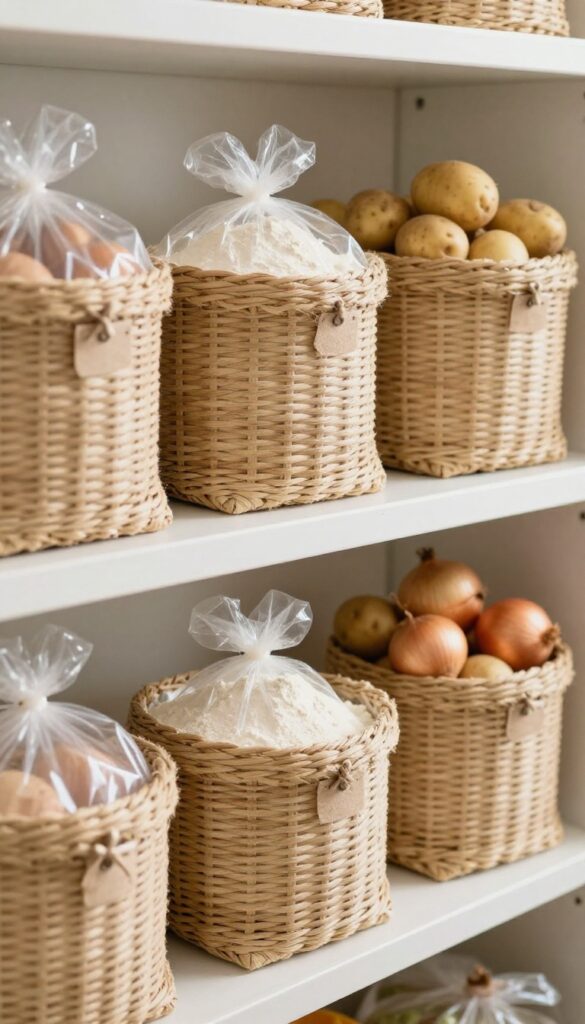 Woven baskets on a pantry shelf holding bulk bags and produce