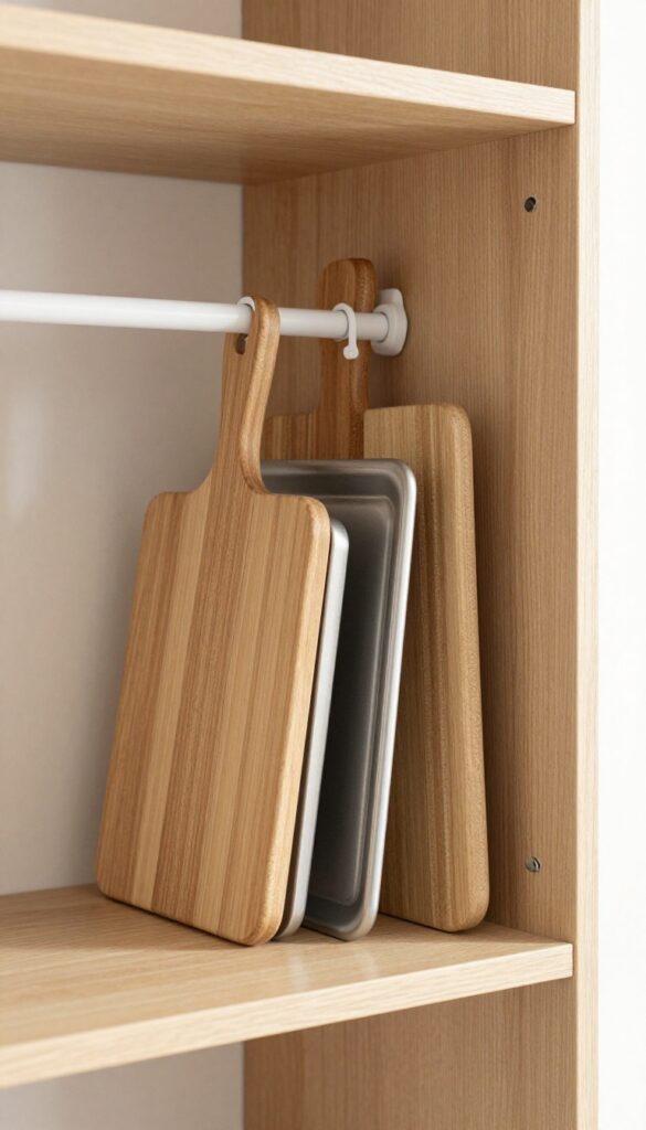 Vertical tension rod holding cutting boards and baking sheets in a pantry cabinet