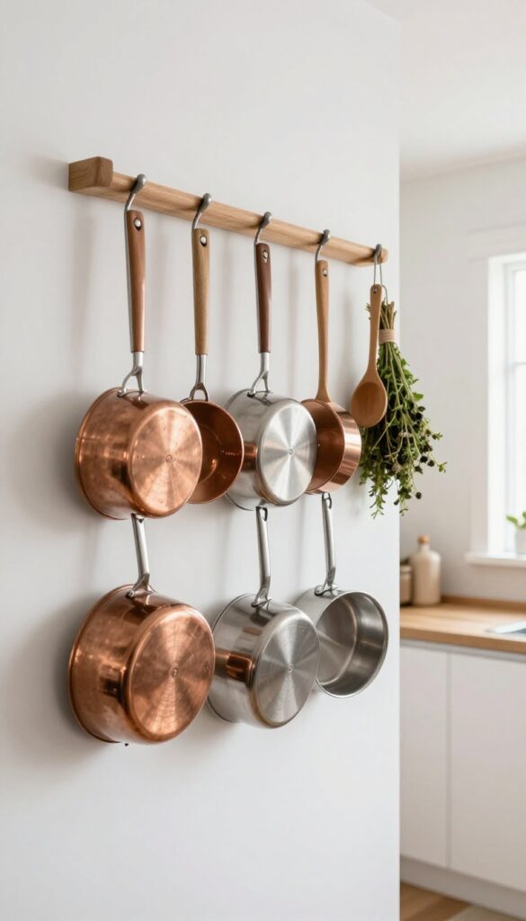 Wall-mounted pot rack holding copper and stainless steel cookware in a bright kitchen