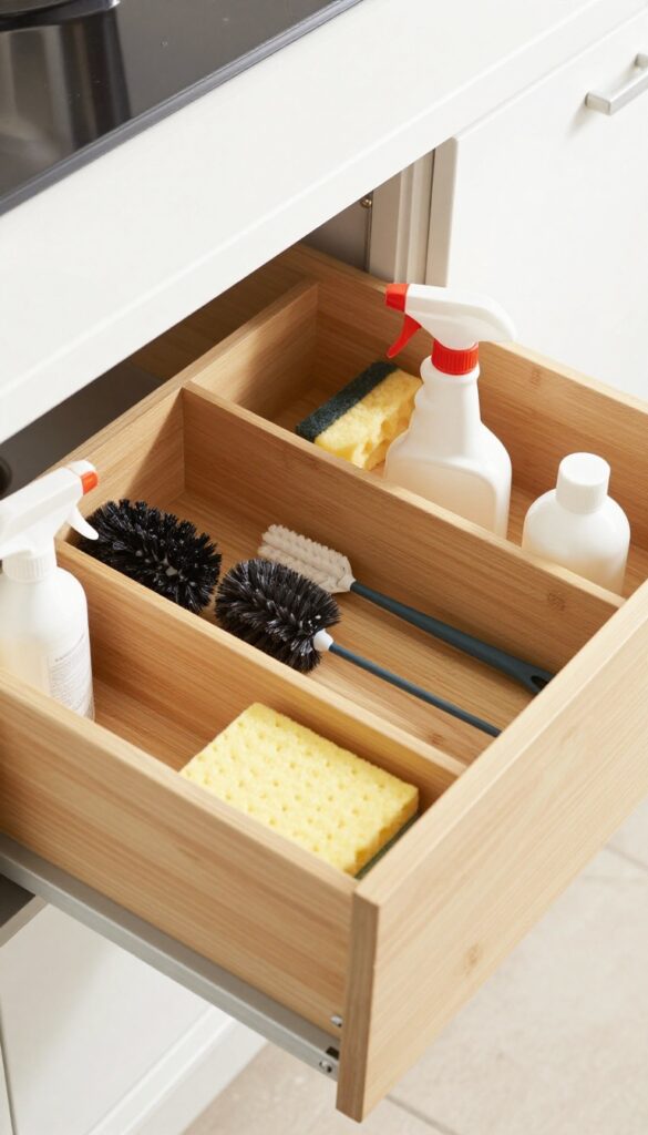 Deep kitchen drawer with bamboo dividers organizing cleaning tools like spray bottle, scrub brush, and sponge.