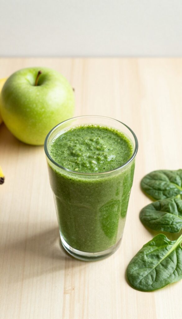 Green apple spinach smoothie in a glass with fresh ingredients on a wooden table