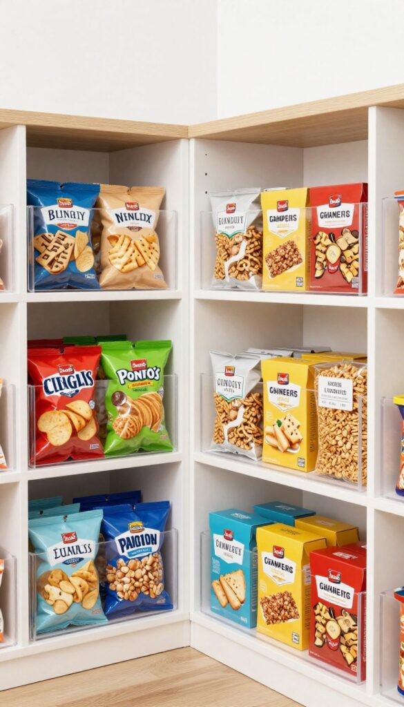 A clear acrylic lazy Susan on a corner pantry shelf filled with neatly arranged snack bags and boxes, with labels facing outward, in bright natural light.