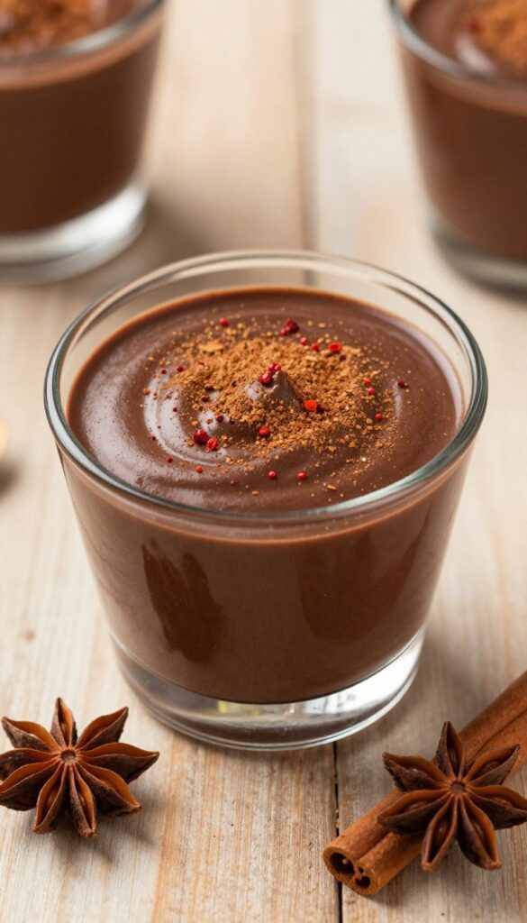 Spiced Mexican chocolate mousse with cinnamon and cayenne in a glass cup, dusted with spices, on a rustic wooden table.