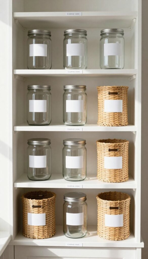 Open pantry with labeled clear jars and bins on white shelves, natural light, organized and minimalist.
