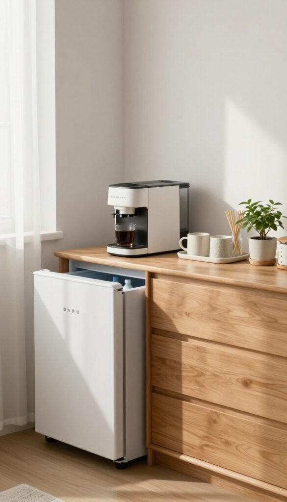 A bedroom coffee and tea station with a mini fridge underneath and a tray with coffee maker and mugs on top