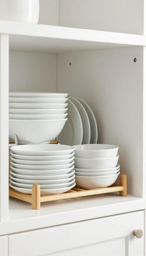 Stackable bamboo plate organizer with dividers inside a white cabinet, neatly separating dinner plates, salad plates, and bowls.