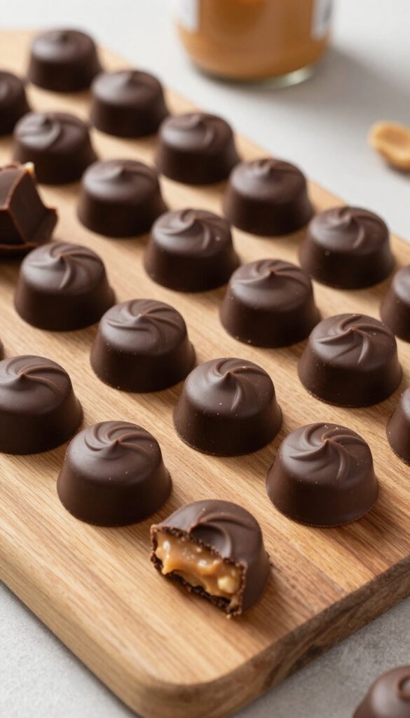 Frozen peanut butter cup bites in a silicone ice cube tray with a few on a wooden board, showing creamy filling and chocolate topping.