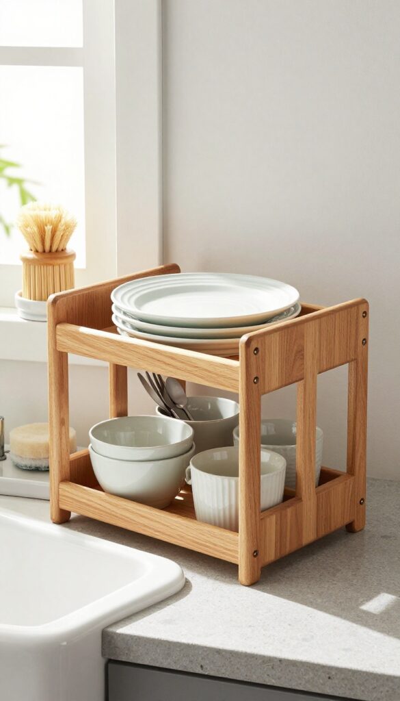 Tiered wooden drying rack with built-in cutlery holder beside a white sink on stone countertop