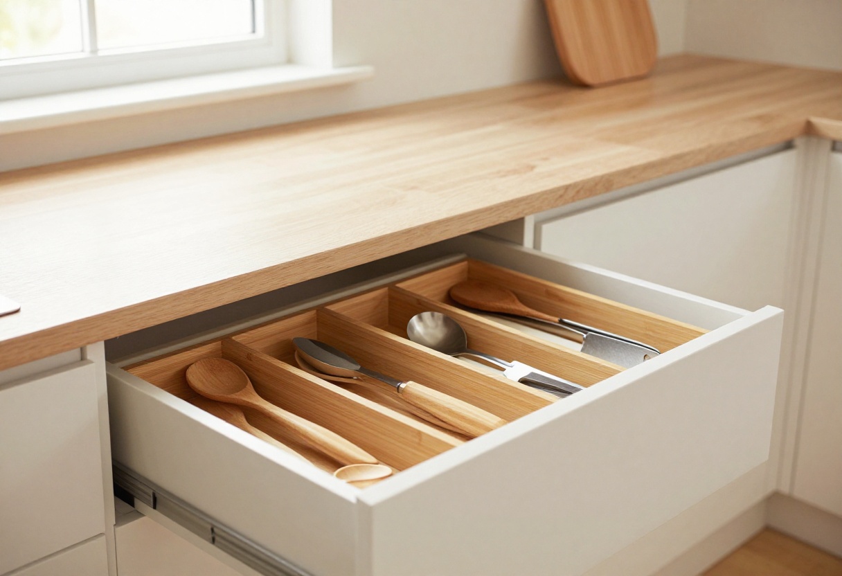 Modern kitchen utensil drawer organized with bamboo dividers and neatly arranged tools, warm natural lighting.