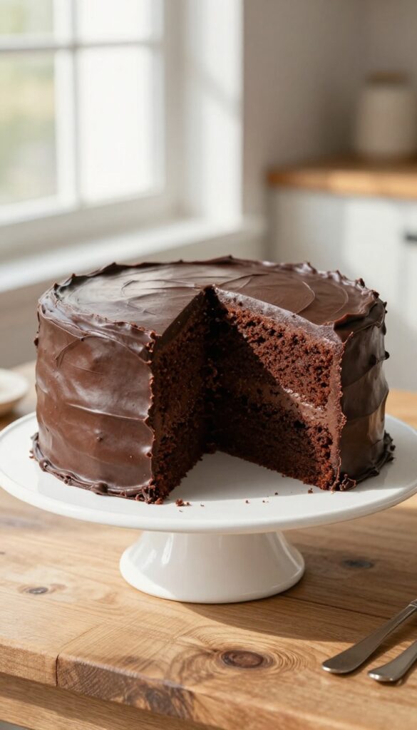 Classic gluten free chocolate layer cake on a white cake stand, three layers with dark chocolate frosting, slice cut out showing moist crumb, natural light, cozy kitchen setting.