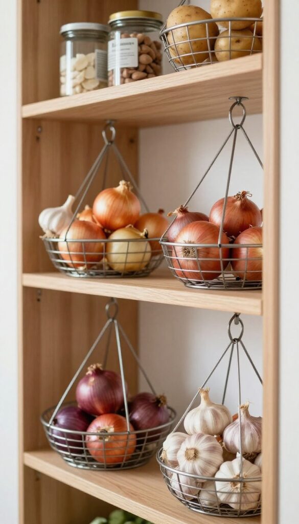 Hanging wire baskets filled with onions, garlic, and potatoes suspended under a pantry shelf, with natural light and organized shelves in the background.