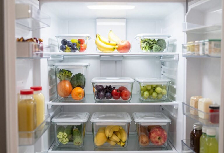 Organized fridge with clear bins, labeled zones, and fresh produce on clean shelves.