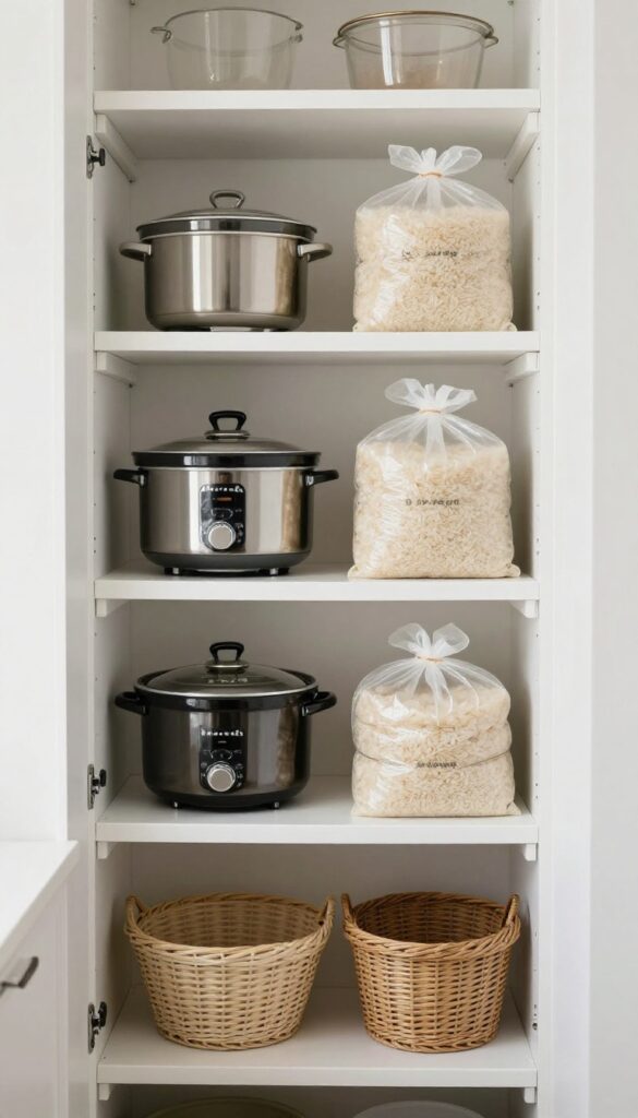 Narrow shelf above pantry door storing slow cooker and rice bags, bright natural light, organized pantry