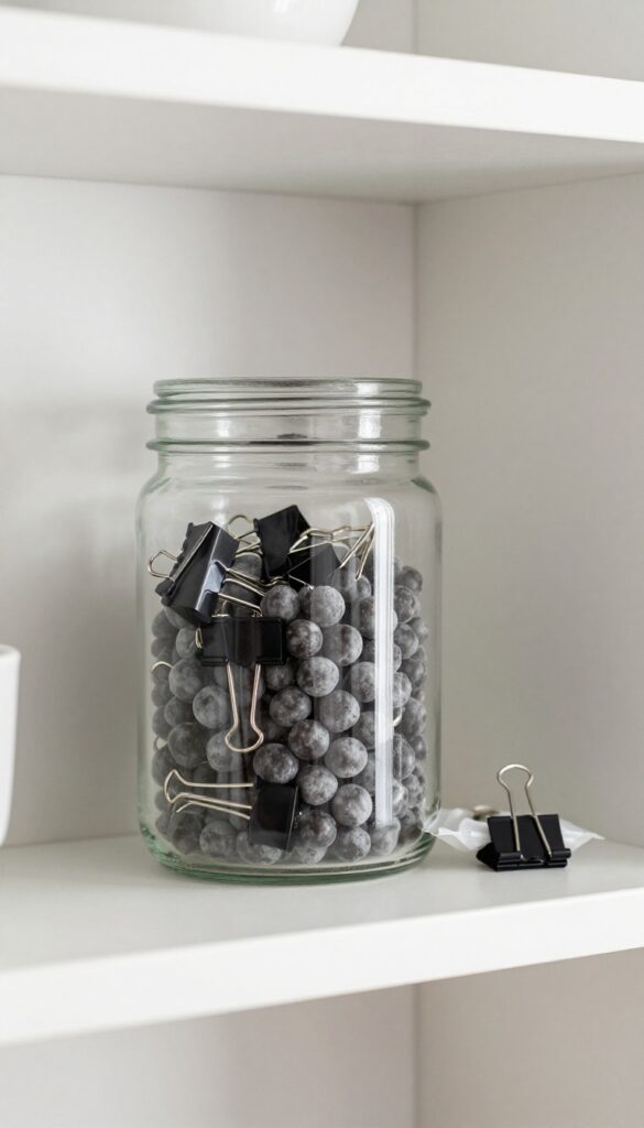 Binder clips in a jar and sealing a bag of frozen peas on a fridge shelf