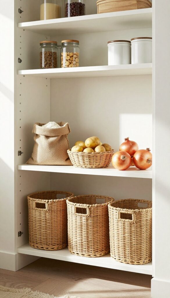 Natural woven baskets on pantry shelf holding bulk items like flour, potatoes, and onions