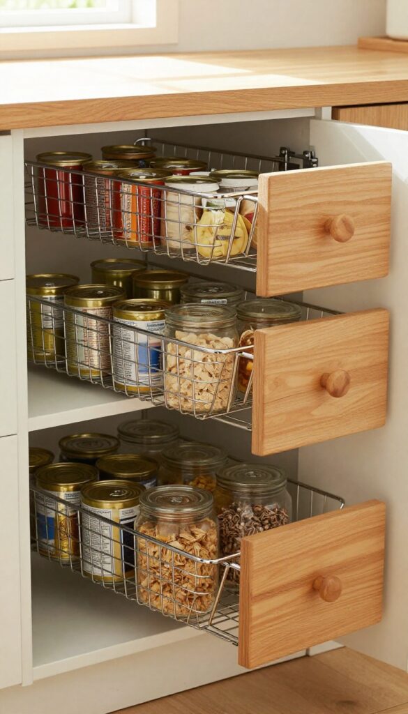 Pull-out drawers in deep pantry shelves, showing organized canned goods and jars