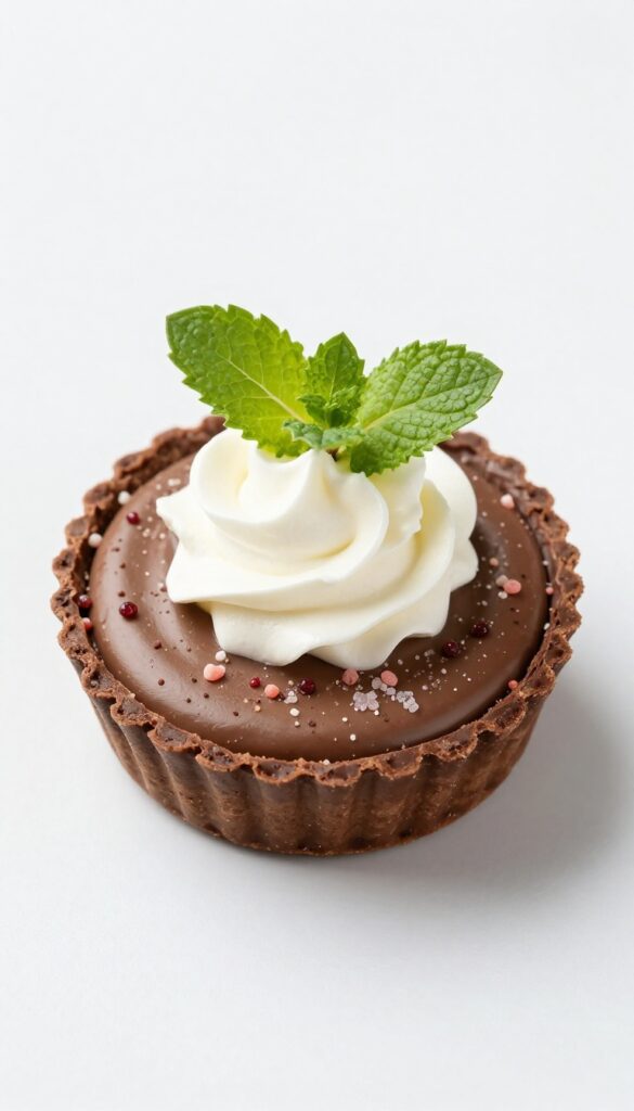 A slice of peppermint chocolate cream pie with crushed candy cane topping and whipped cream on a white plate.