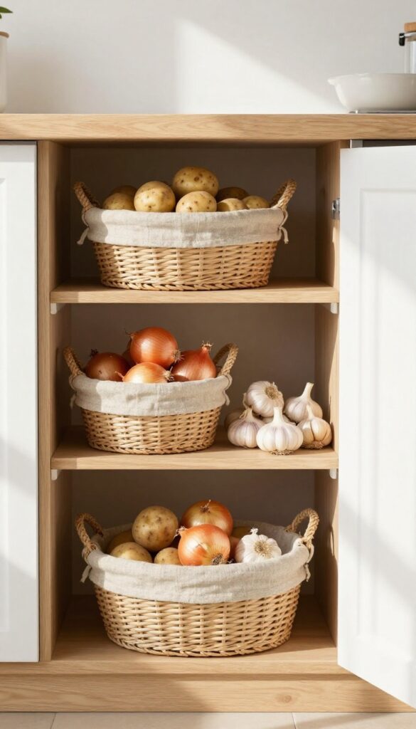 Open woven seagrass baskets on pantry shelves filled with potatoes, onions, and garlic, with natural light and a warm, organized look.