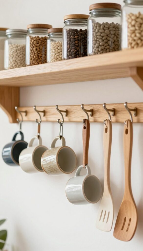 Cozy pantry with adhesive hooks under a shelf holding mugs and utensils