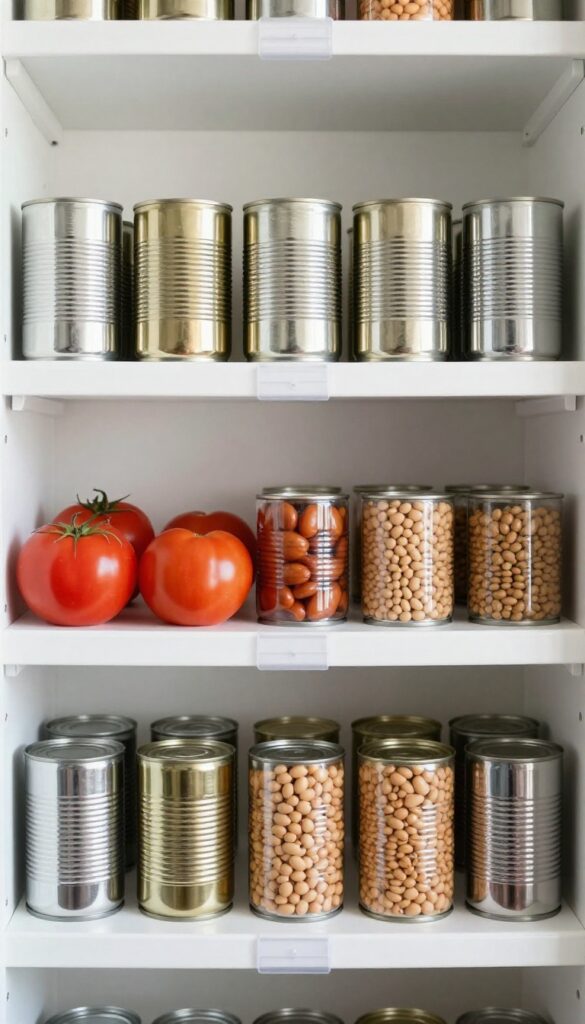 Pantry shelf with adhesive shelf risers organizing canned goods in two tiers, labels facing forward, natural lighting.