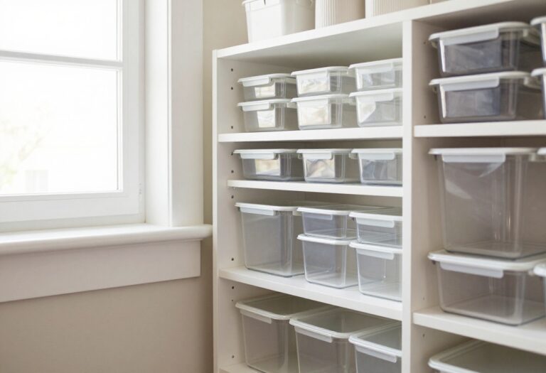 Organized pantry with clear OXO containers on white shelves, natural light, minimal decor.