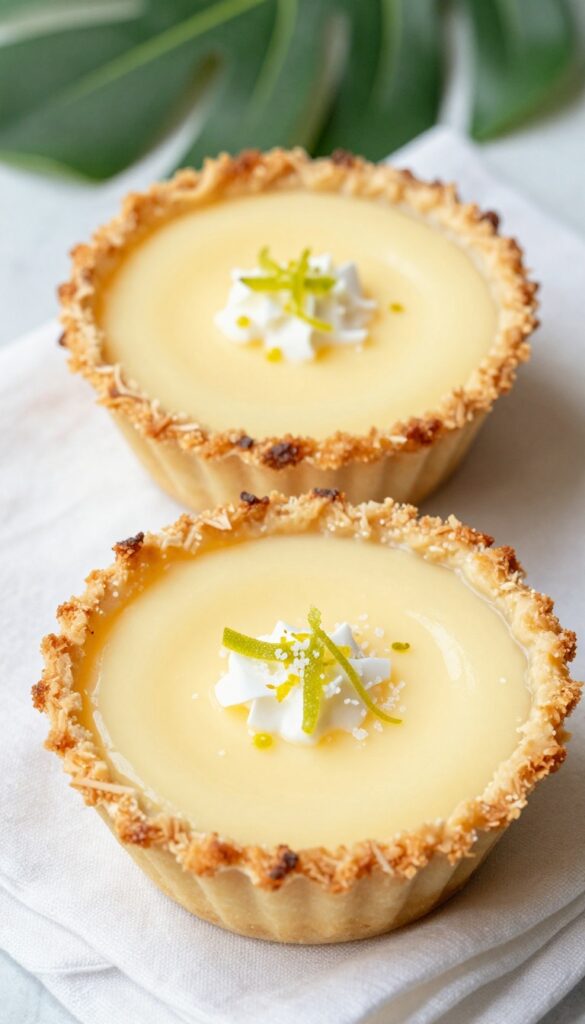 Keto key lime pie cups with coconut crust, whipped cream, and lime zest on a wooden table.