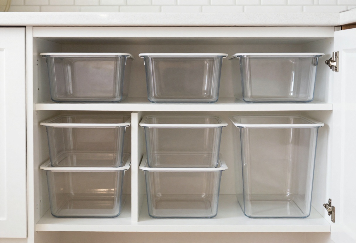 Organized pull-out pantry shelves with clear bins and labels in a bright kitchen