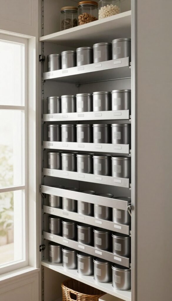 Magnetic spice tins on pantry door, freeing up shelf space