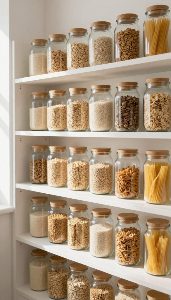 Pantry shelves with matching glass jars and cork lids, organized and bathed in natural light.