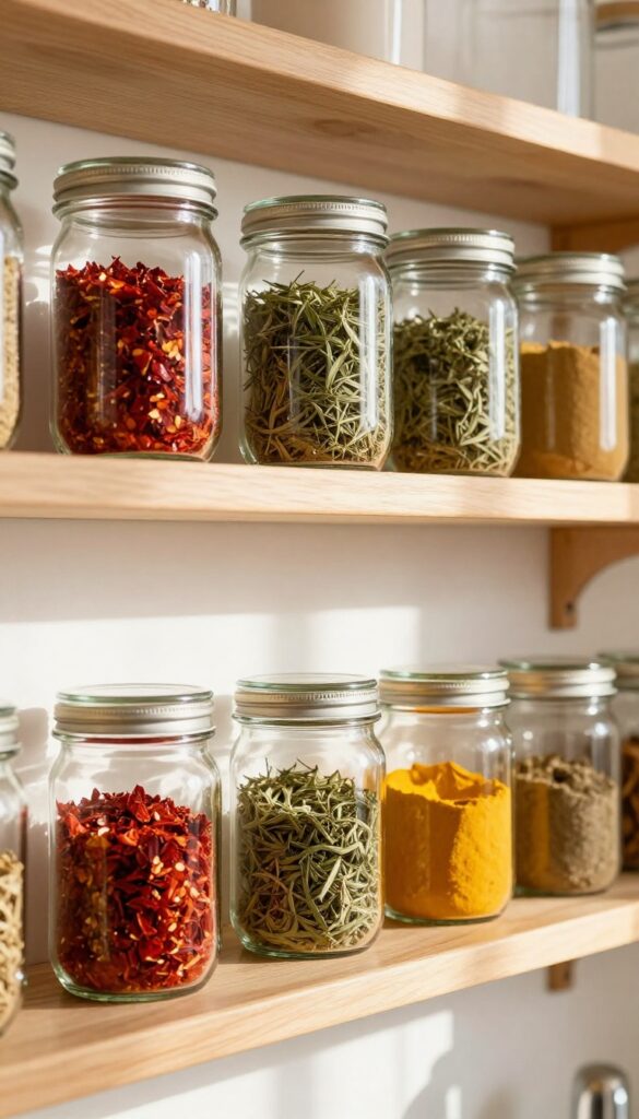 Mason jars hanging under a shelf filled with colorful spices in a cozy kitchen
