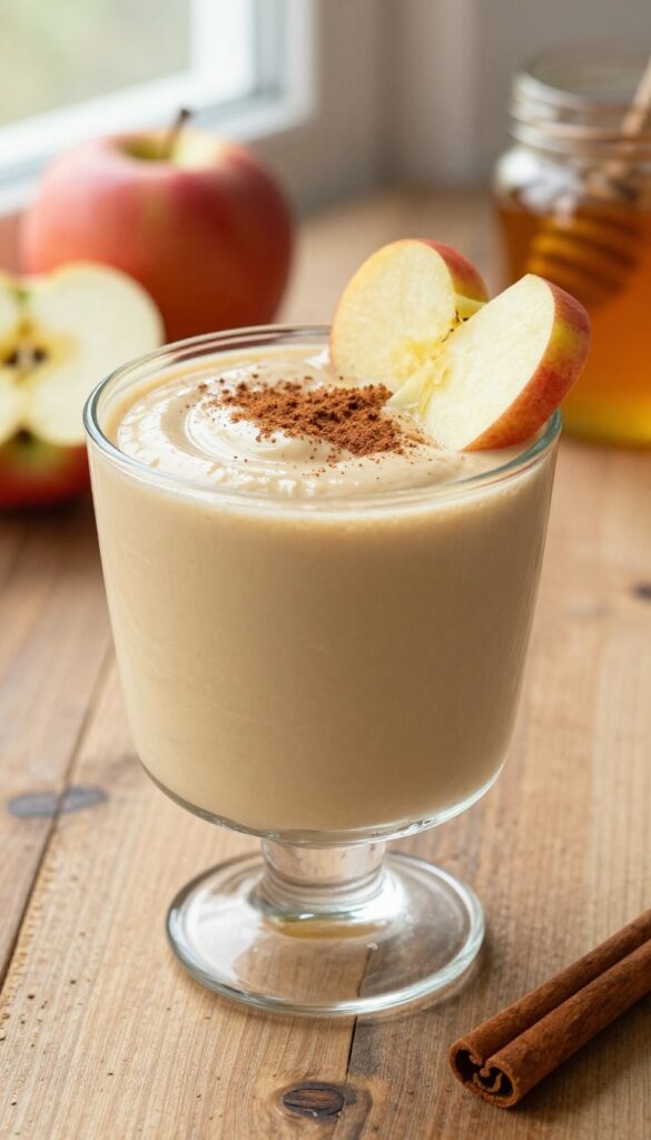Creamy honey cinnamon apple Greek yogurt smoothie in a glass with cinnamon garnish on a rustic wooden table.