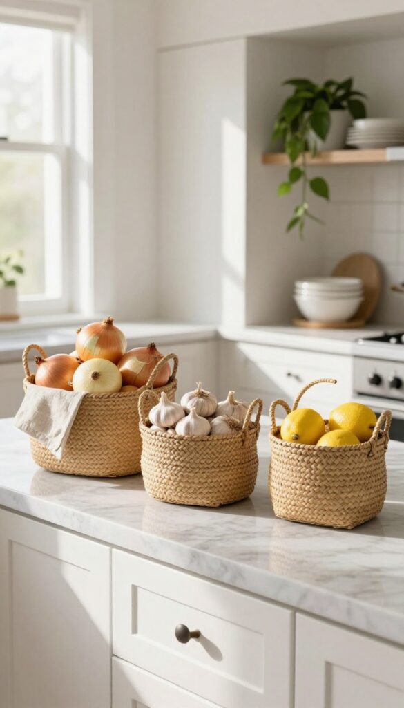 Three woven seagrass baskets on a kitchen counter filled with onions, garlic, and lemons, with natural light and open shelving in the background.