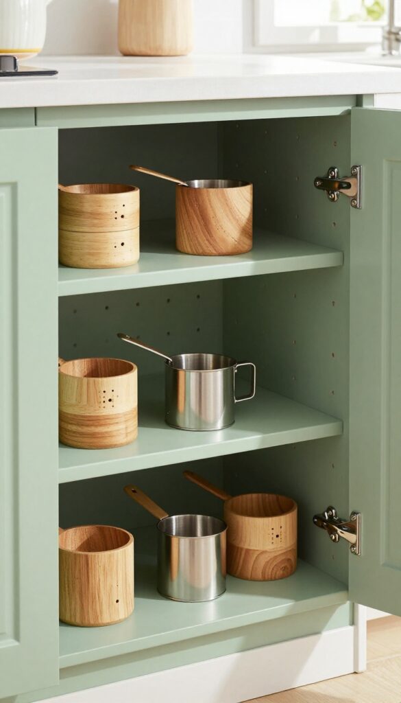 Open kitchen cabinet door with a sage green pegboard holding neatly arranged wooden and stainless steel kitchen tools