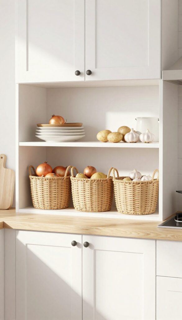 Woven baskets filled with onions, potatoes, and garlic on an open kitchen shelf in a light, airy kitchen.