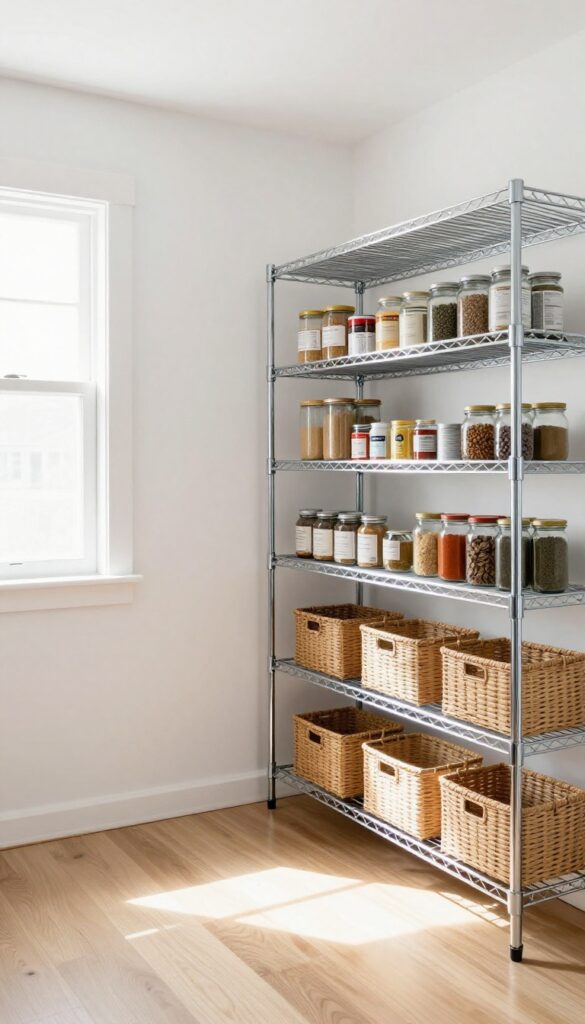 Bright pantry with multiple rows of chrome wire shelving holding canned goods, jars, and baskets