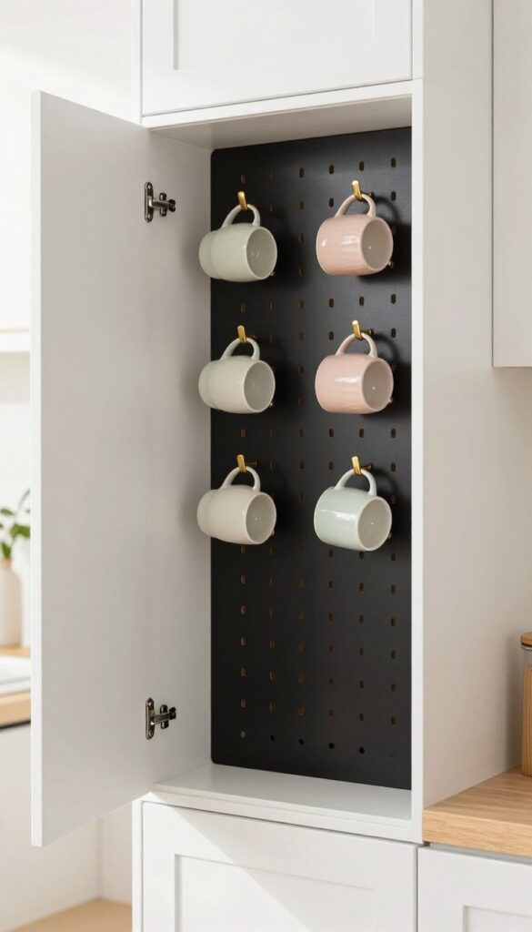 Inside a kitchen cabinet door, a black pegboard with brass hooks holds colorful ceramic mugs, showcasing a space-saving storage solution.