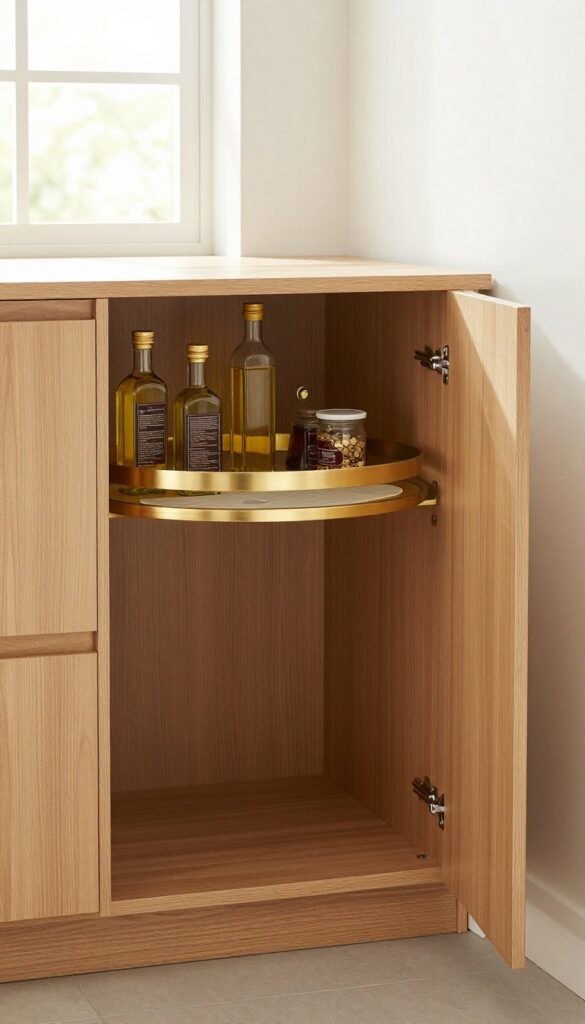 Modern kitchen corner cabinet with a two-tier lazy Susan in brushed brass, holding neatly arranged glass bottles and spices