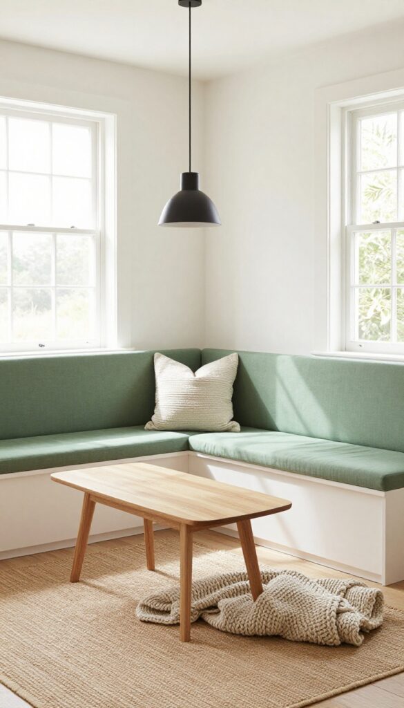 Low-profile banquette with sage green cushions in a bay window kitchen nook, light wood table, natural light, modern and airy.