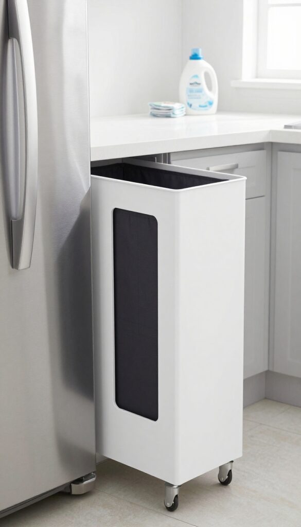 Slim pull-out hamper next to refrigerator in bright kitchen